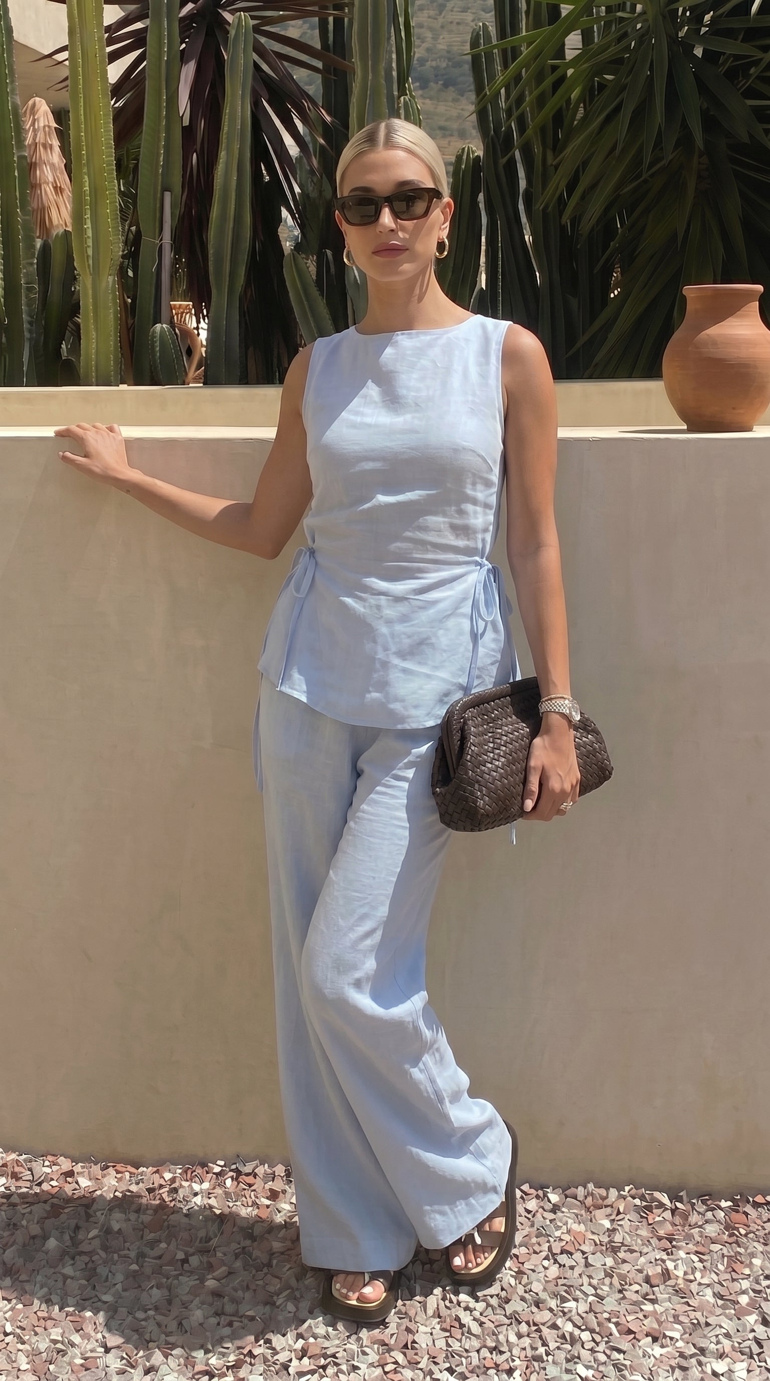 Ensemble lin bleu ciel Top+Pantalon