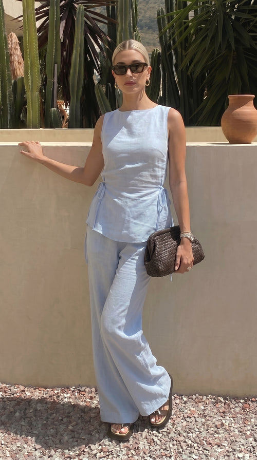 Ensemble lin bleu ciel Top+Pantalon