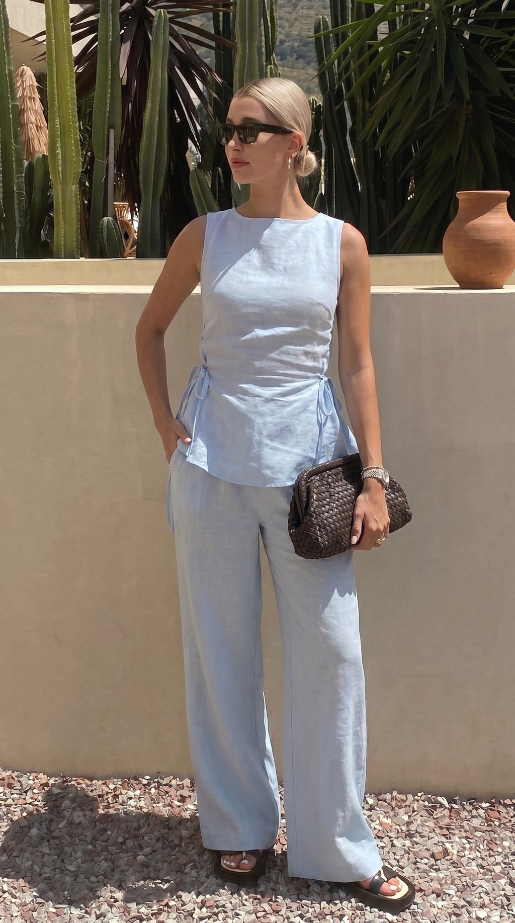 Ensemble lin bleu ciel Top+Pantalon