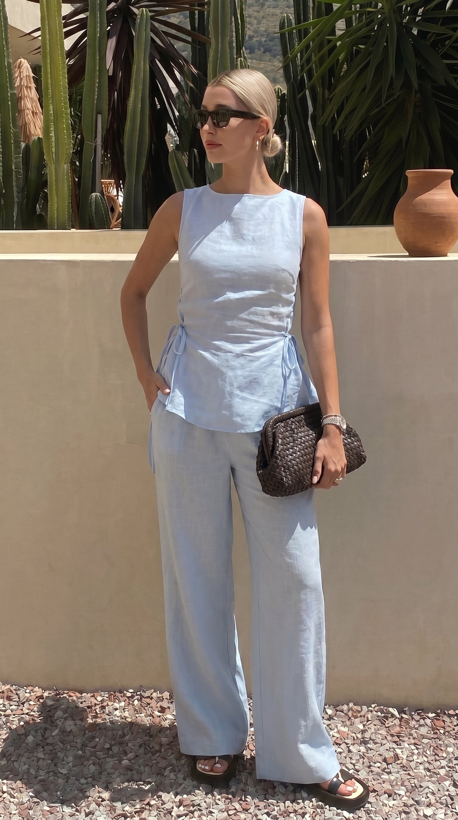 Ensemble lin bleu ciel Top+Pantalon