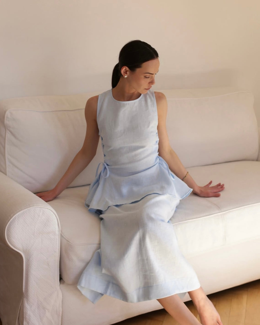 Ensemble lin bleu ciel Top+Jupe