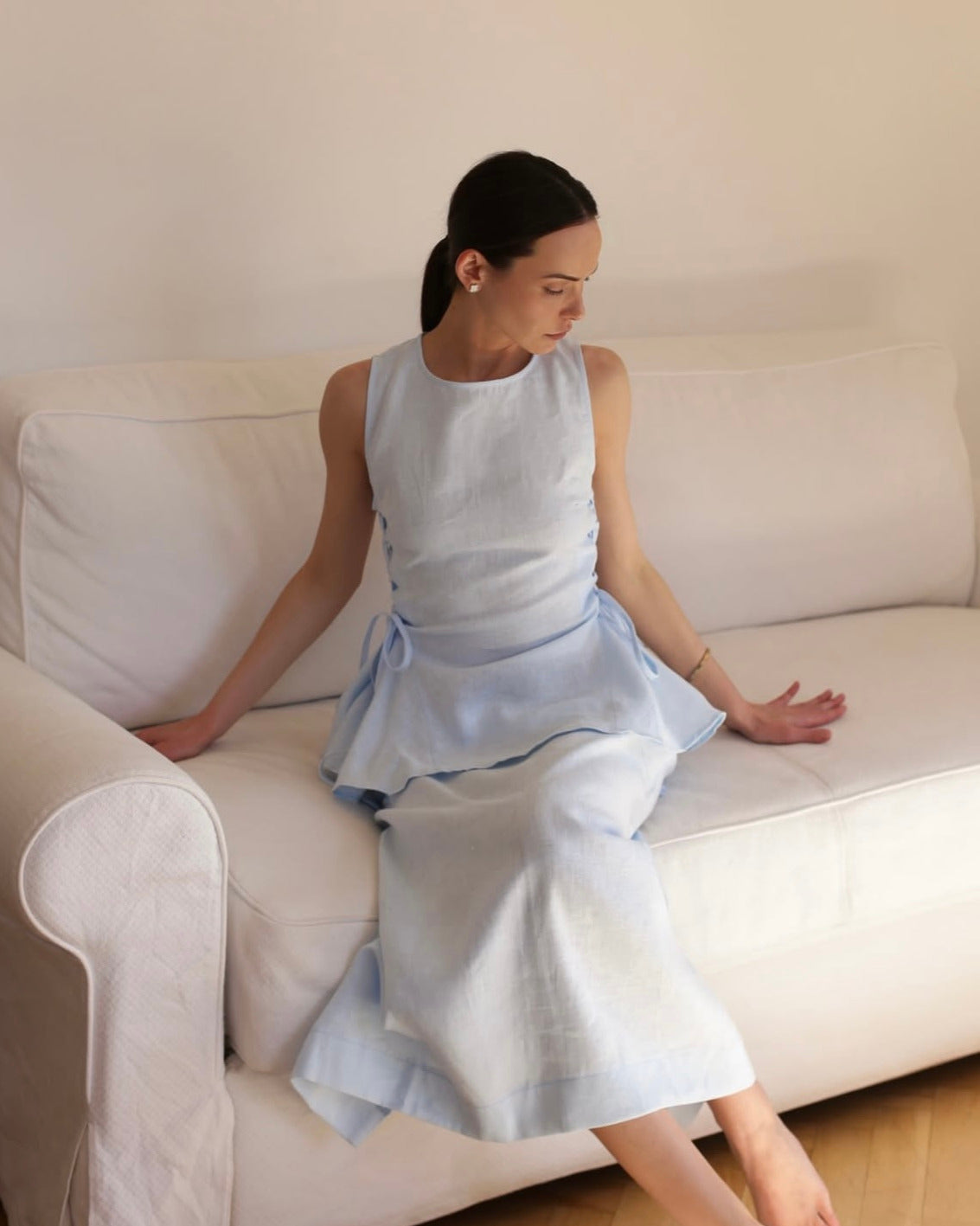 Ensemble lin bleu ciel Top+Jupe