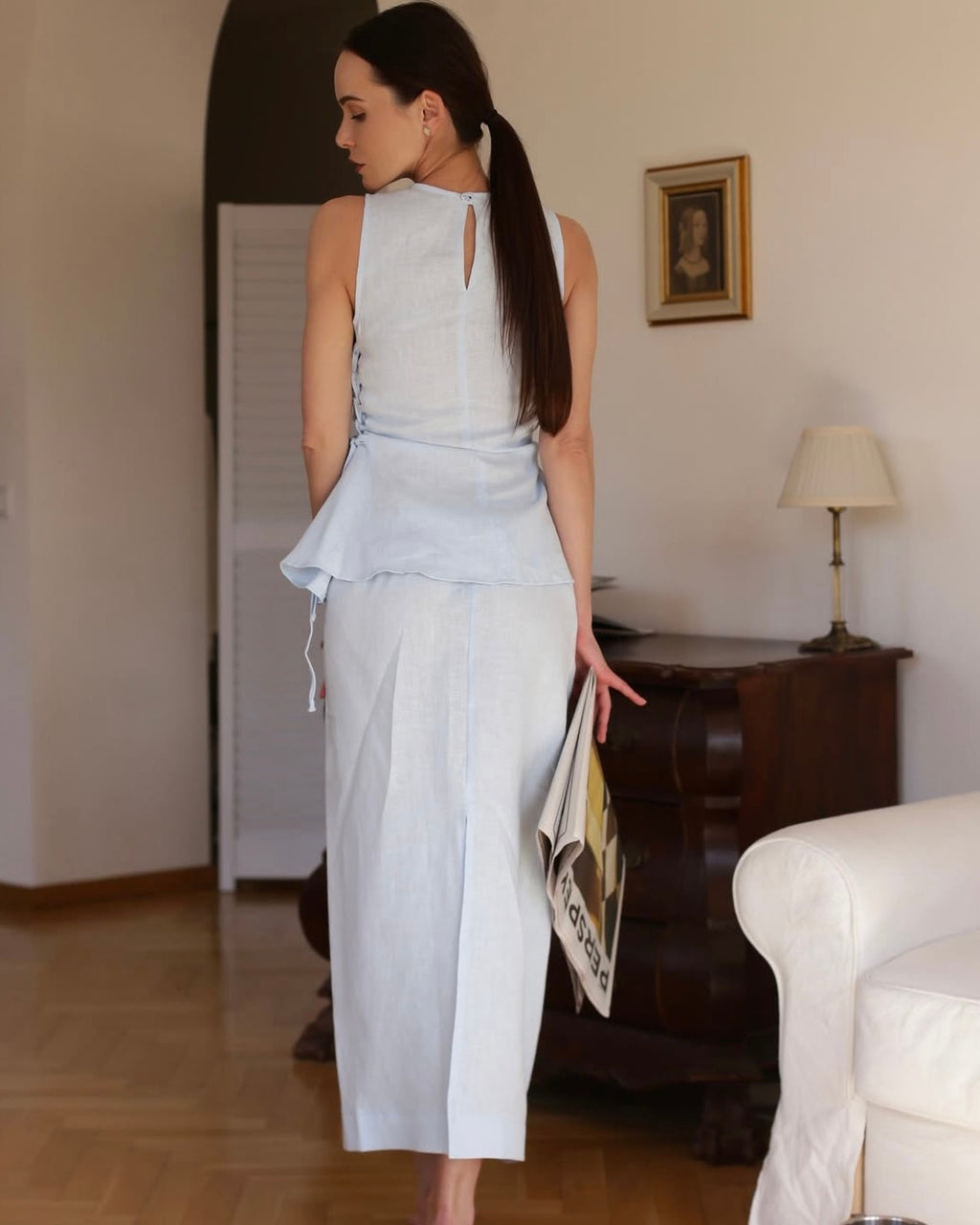 Ensemble lin bleu ciel Top+Jupe