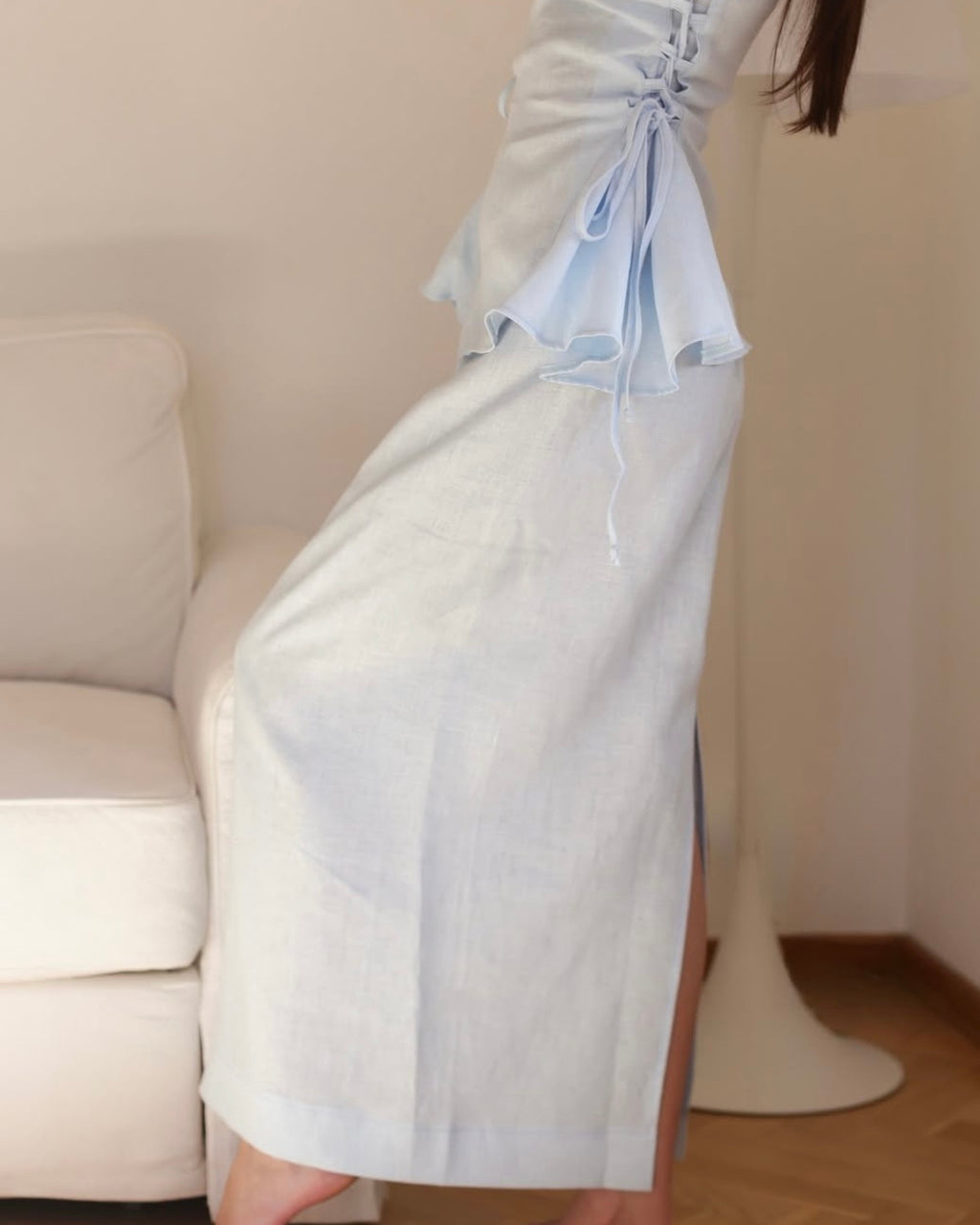 Ensemble lin bleu ciel Top+Jupe