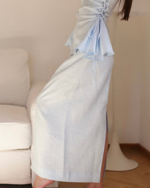 Ensemble lin bleu ciel Top+Jupe