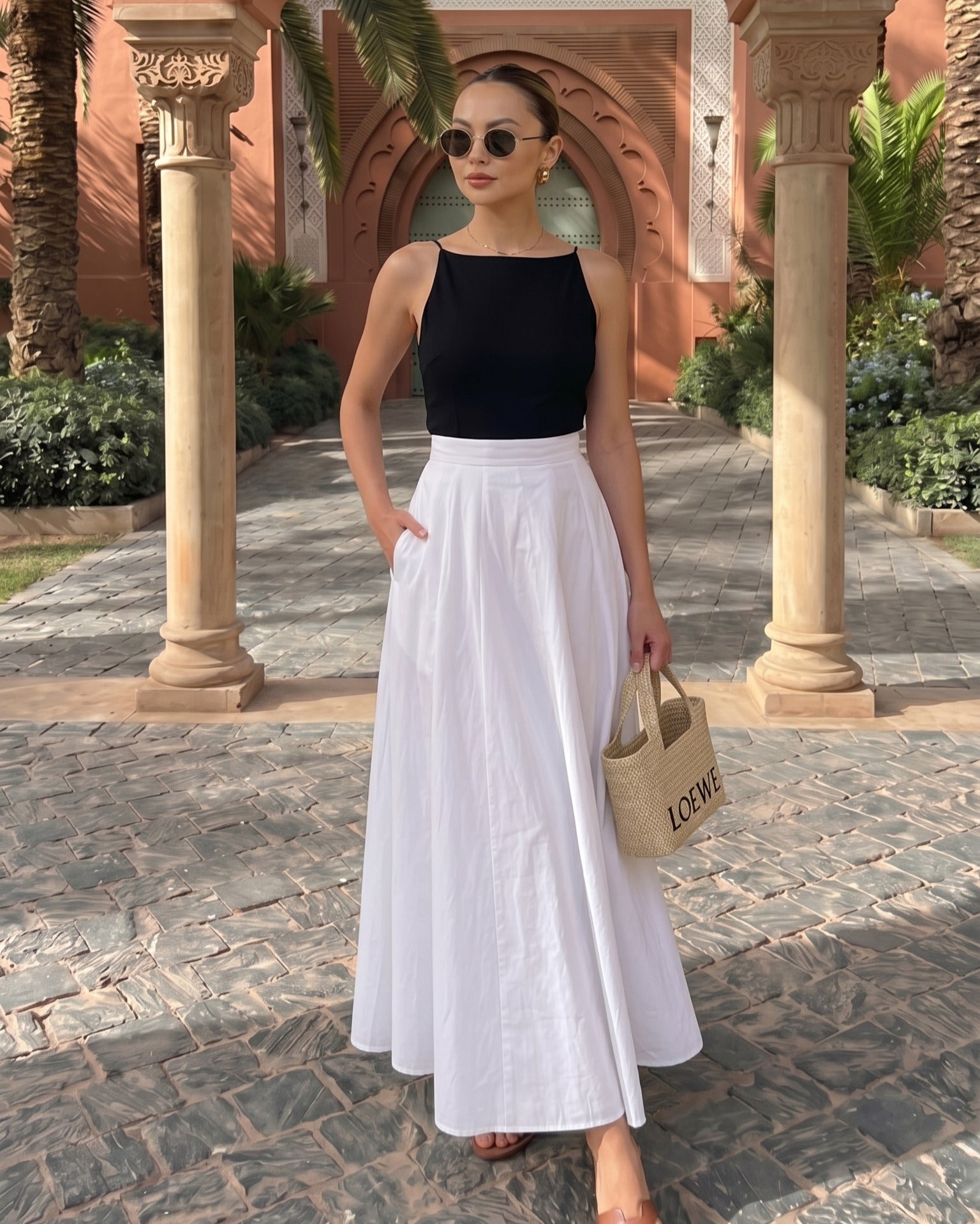 Jupe longue blanche taille haute fluide – Élégance minimaliste