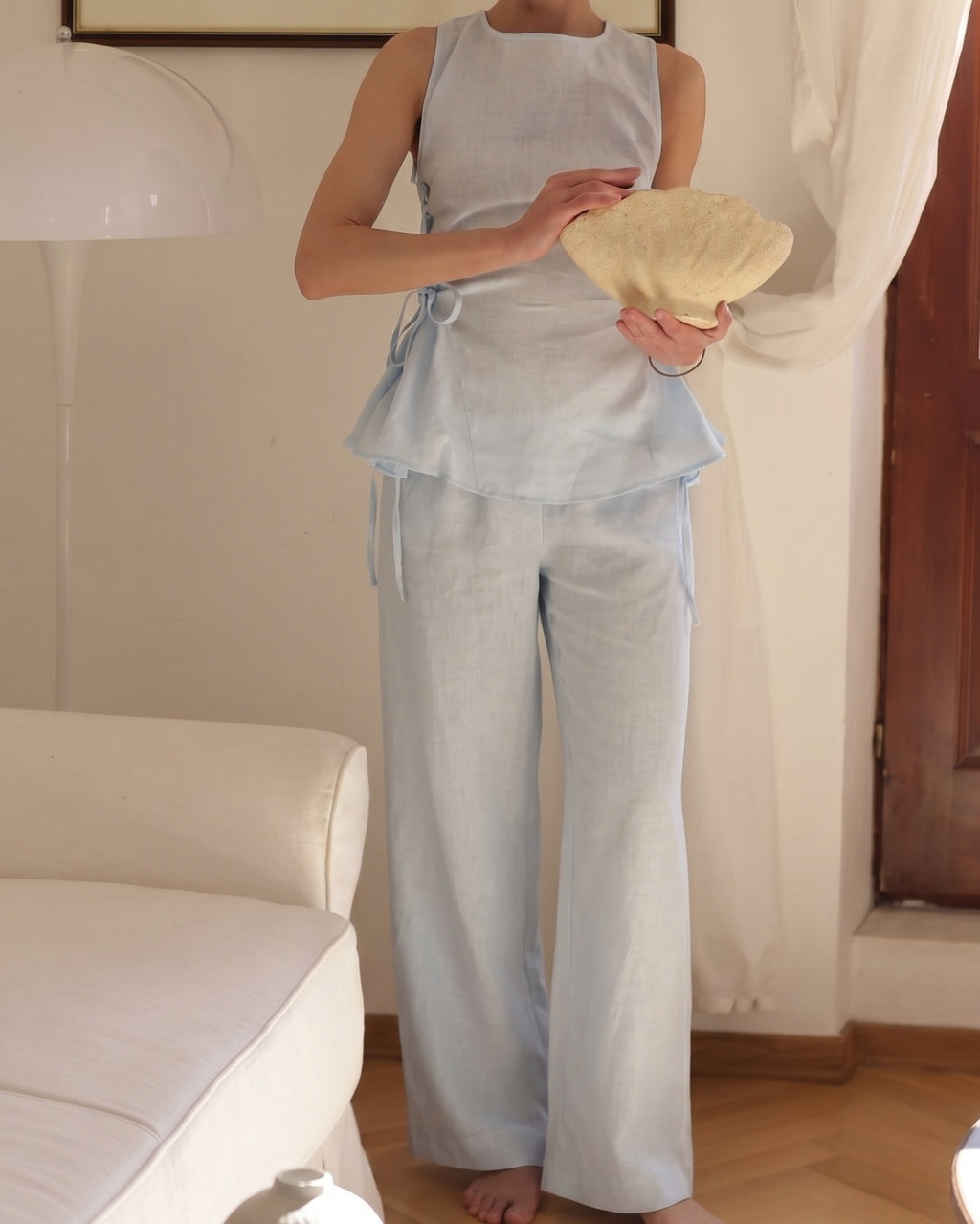 Ensemble lin bleu ciel Top+Pantalon