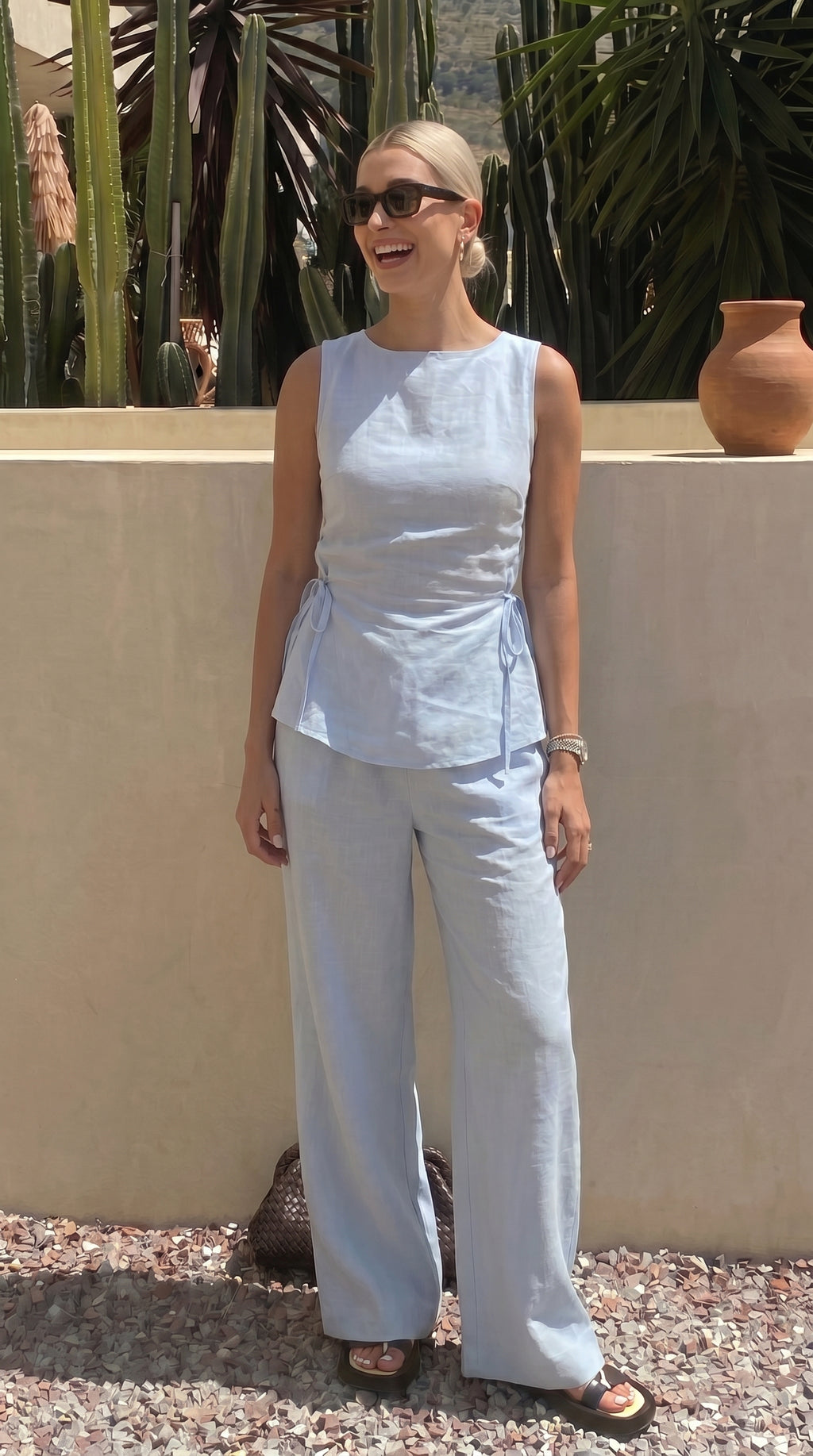 Ensemble lin bleu ciel Top+Pantalon