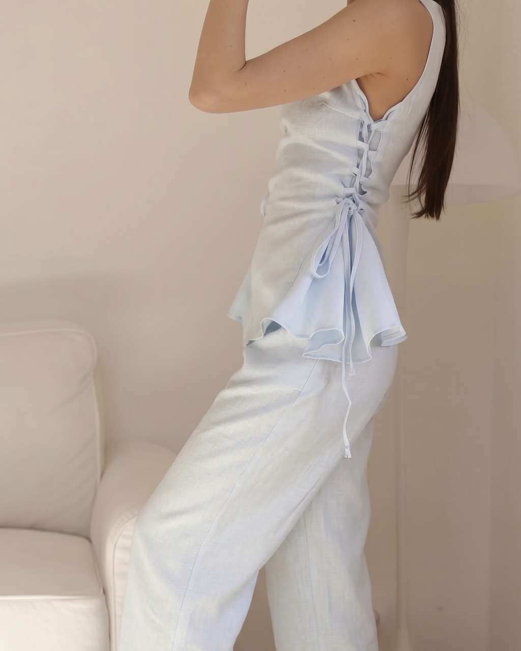 Ensemble lin bleu ciel Top+Pantalon