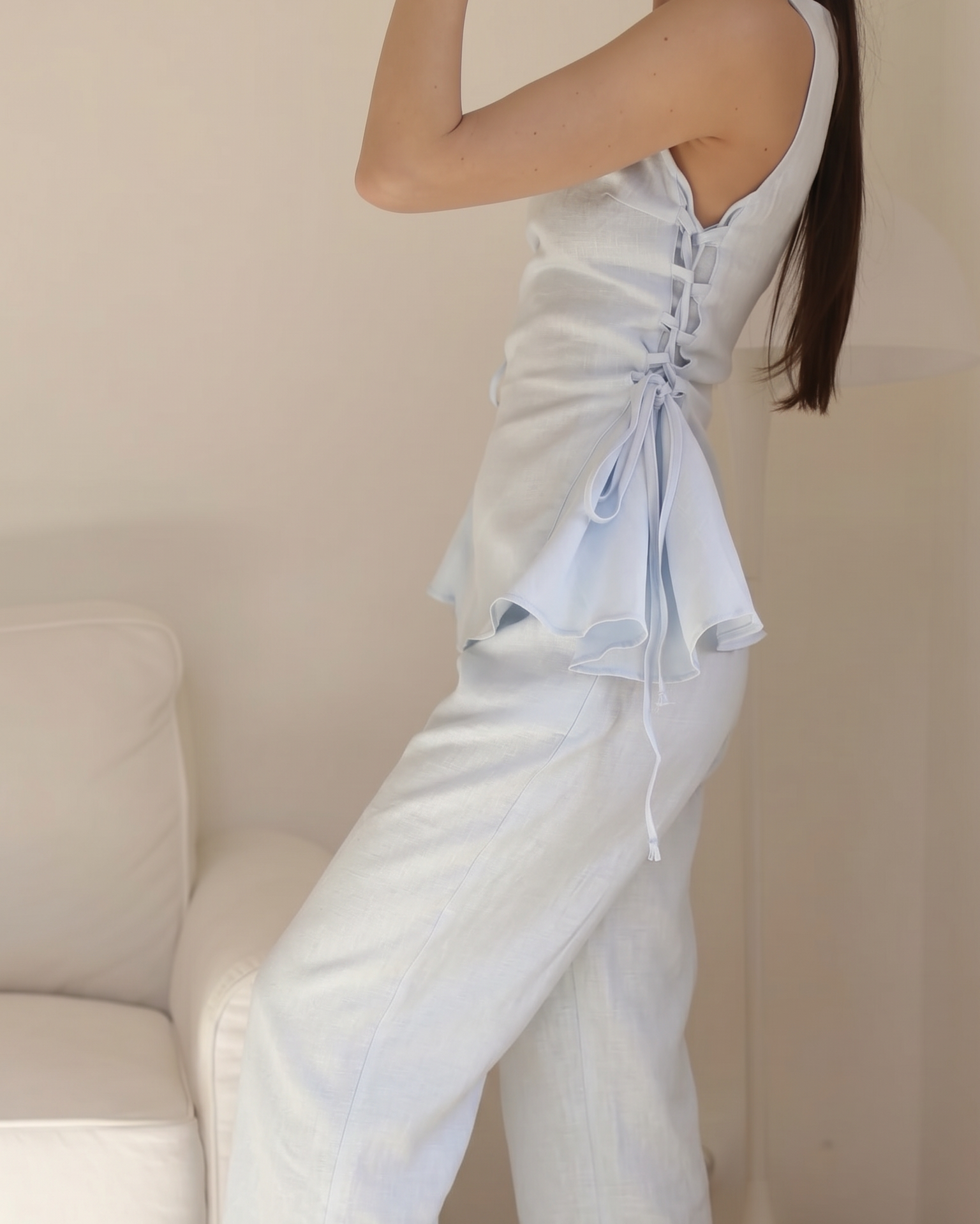 Ensemble lin bleu ciel Top+Pantalon